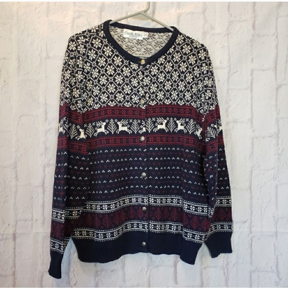VINTAGE CLASSIC BLUES Nordic Style Button-down Cardigan Sweater Medium